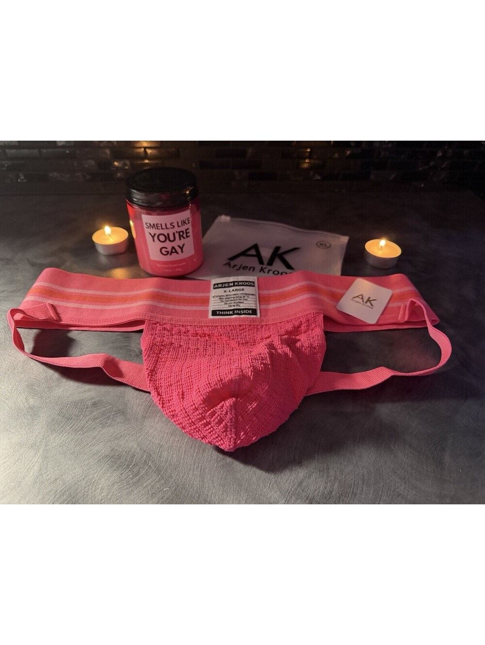 Funny Gay Pride Gift Set Pink XL Jockstrap + “Smells Like You’re Gay” Candle